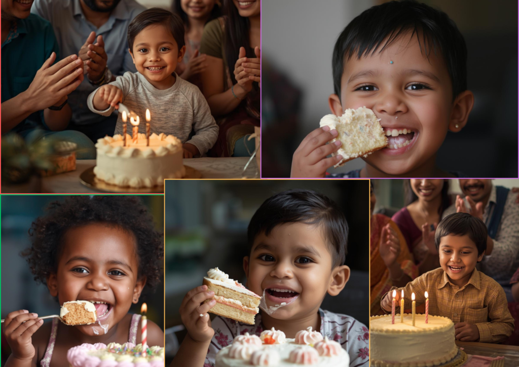 Child cutting the cake for birthday